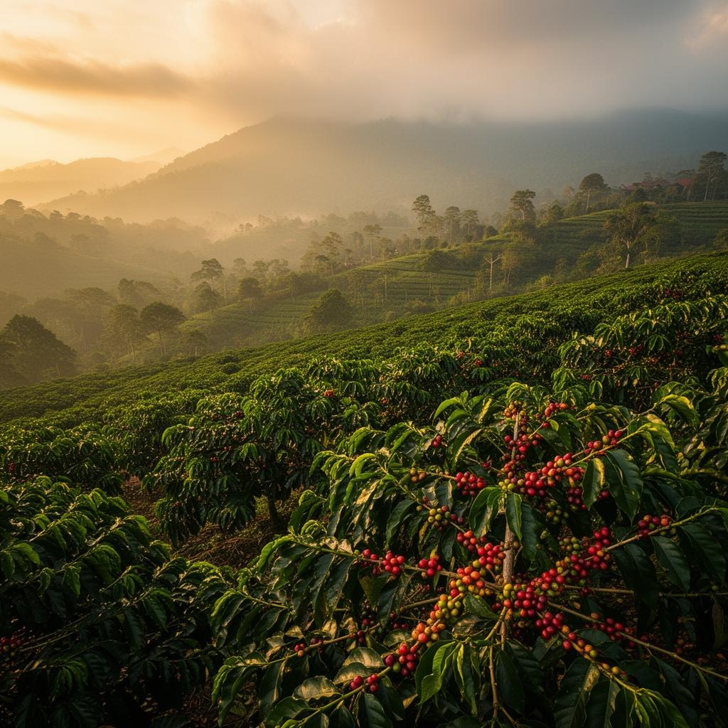 Indonesian highland coffee plantation at golden hour